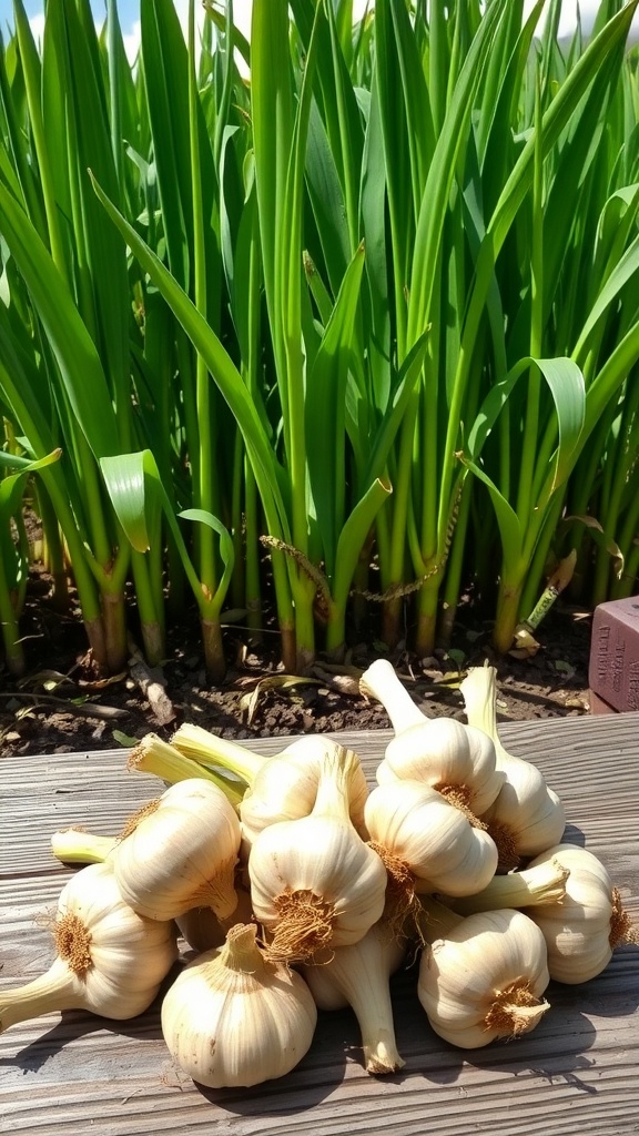 Healthy garlic plants in a garden with harvested bulbs on a table.